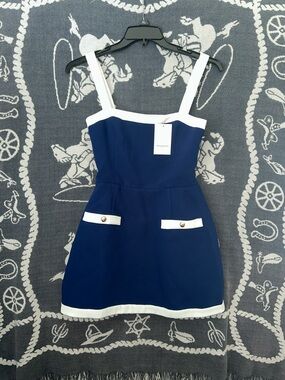 Amanda Uprichard Navy and White Square-Neck Mini Dress